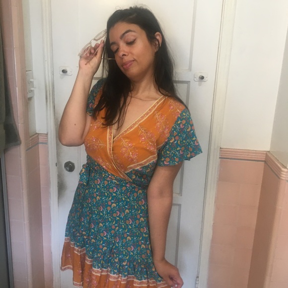 Boho Teal & Orange Wrap Dress - Picture 4 of 17